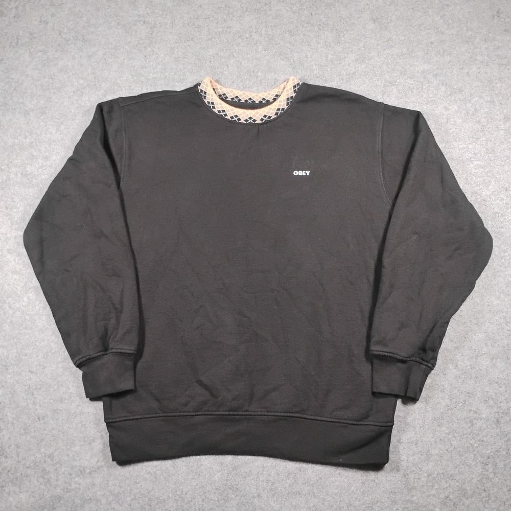 OBEY Verner Argyle Crewneck Sweatshirt Mens S Black Organic Pullover Streetwear
